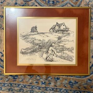 VINTAGE signed Christopher Bolen Honorable Mention pen ink in gold suede frame
